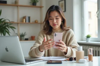 Jeune femme tenant un pinceau de maquillage devant son smartphone et un ordinateur portable, entourée de produits cosmétiques et d'accessoires high-tech sur un bureau blanc minimaliste