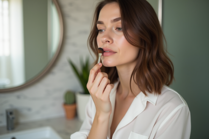 Femme appliquant highlighter sur ses joues dans une salle de bain