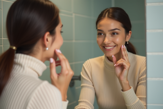 Femme appliquant du primer maquillage devant miroir