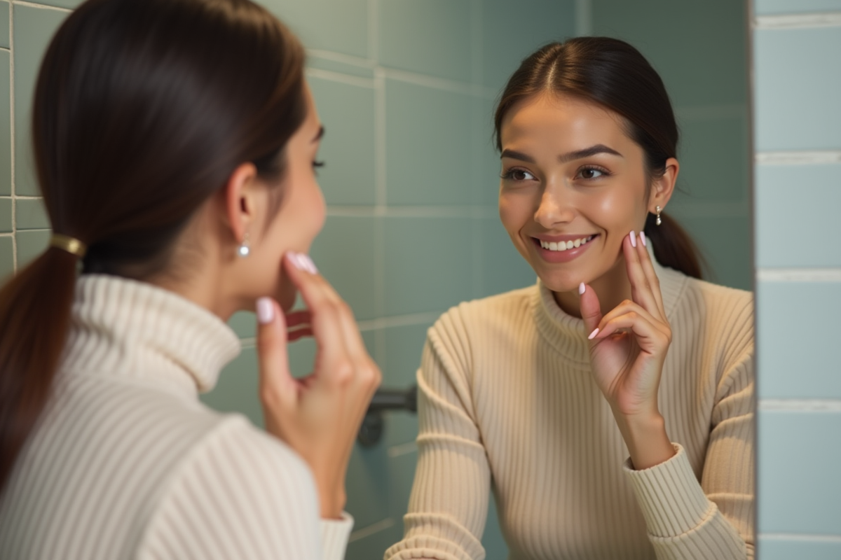 Femme appliquant du primer maquillage devant miroir