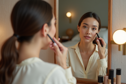 Femme en maquillage devant un miroir dans une chambre chic