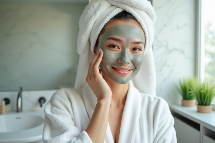 Femme appliquant un masque visage dans un spa moderne