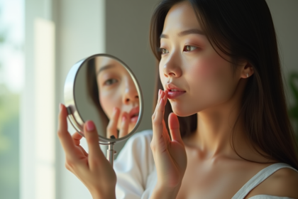 Femme examinant sa peau dans un miroir naturel