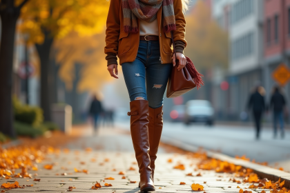 Femme élégante marchant en automne avec des bottes en cuir