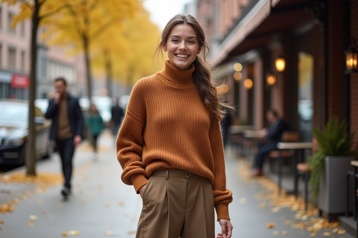 Femme élégante en automne dans la ville avec pull et sourire
