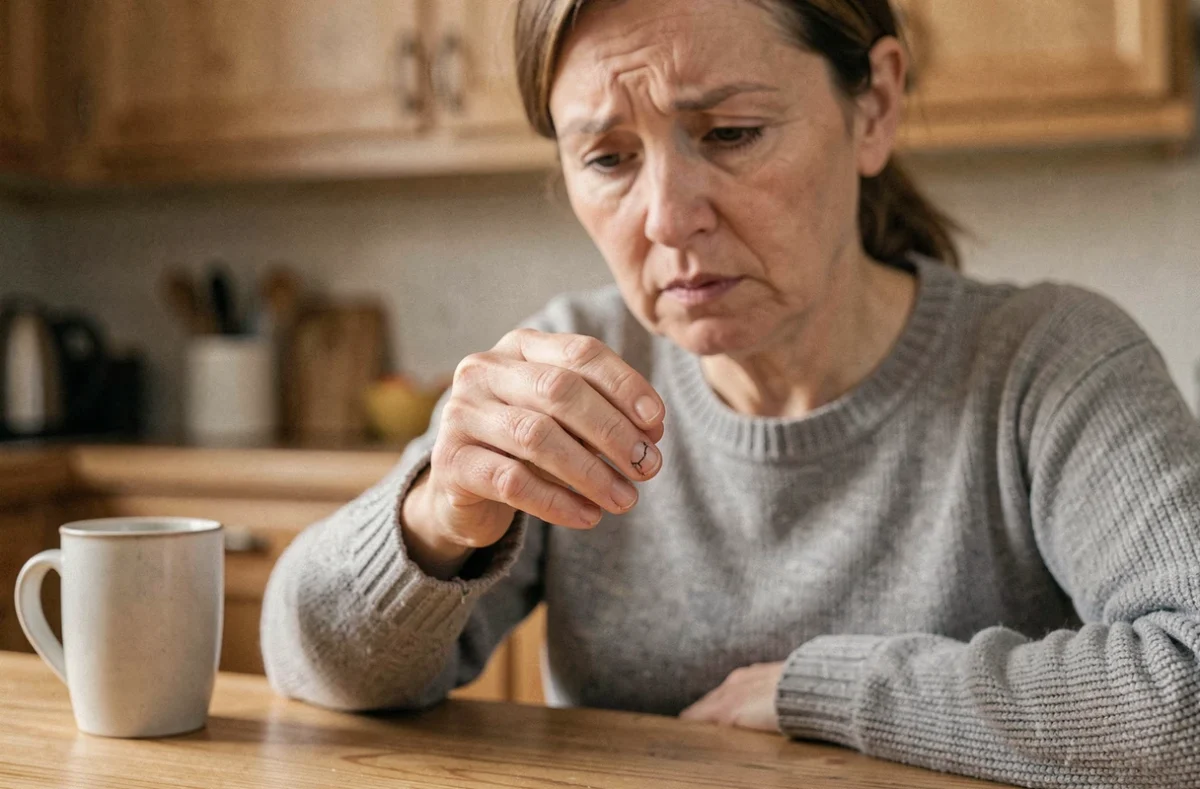Femme d'âge mûr examinant son ongle fendu verticalement à la cuisine, expression préoccupée