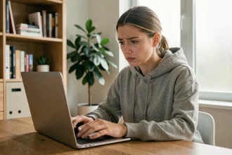 Jeune femme hésitante devant son ordinateur portable face à un contenu suspect en ligne