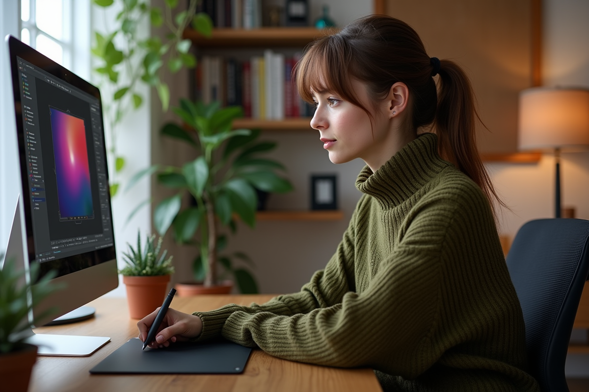 Jeune femme créative utilisant un ordinateur pour effets de dégradé