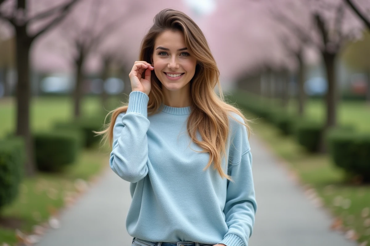 Jeune femme dans un parc avec cheveux balayage