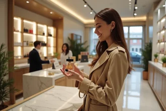 Femme élégante dans une parfumerie moderne avec parfum