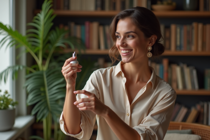 Femme élégante appliquant du parfum dans un appartement parisien
