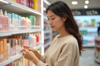 Femme parcourant les rayons de produits cosmétiques dans un magasin Ulta Beauty