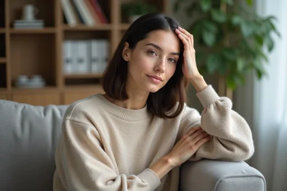 Femme en détente massant ses cheveux dans un salon