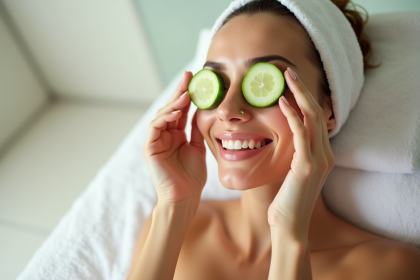 Femme souriante posant avec des tranches de concombre sur les yeux