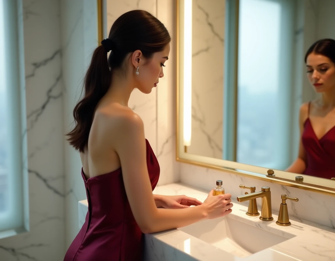 Femme en robe satin bordeaux déposant un parfum Zara sur un comptoir en marbre dans une salle de bain d'hôtel luxueux