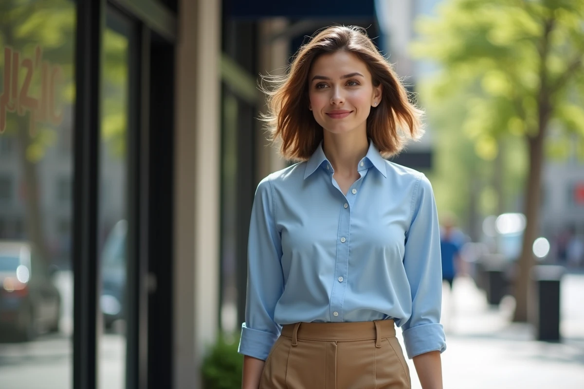 Jeune femme marchant dans la ville avec coupe bob en mouvement
