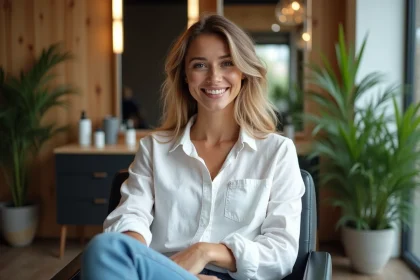 Femme souriante aux cheveux naturels dans un salon moderne