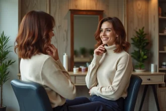Femme regardant son reflet dans un salon moderne avec coupe bob