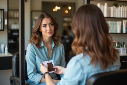 Femme regardant son reflet en salon avec démonstration de balayage