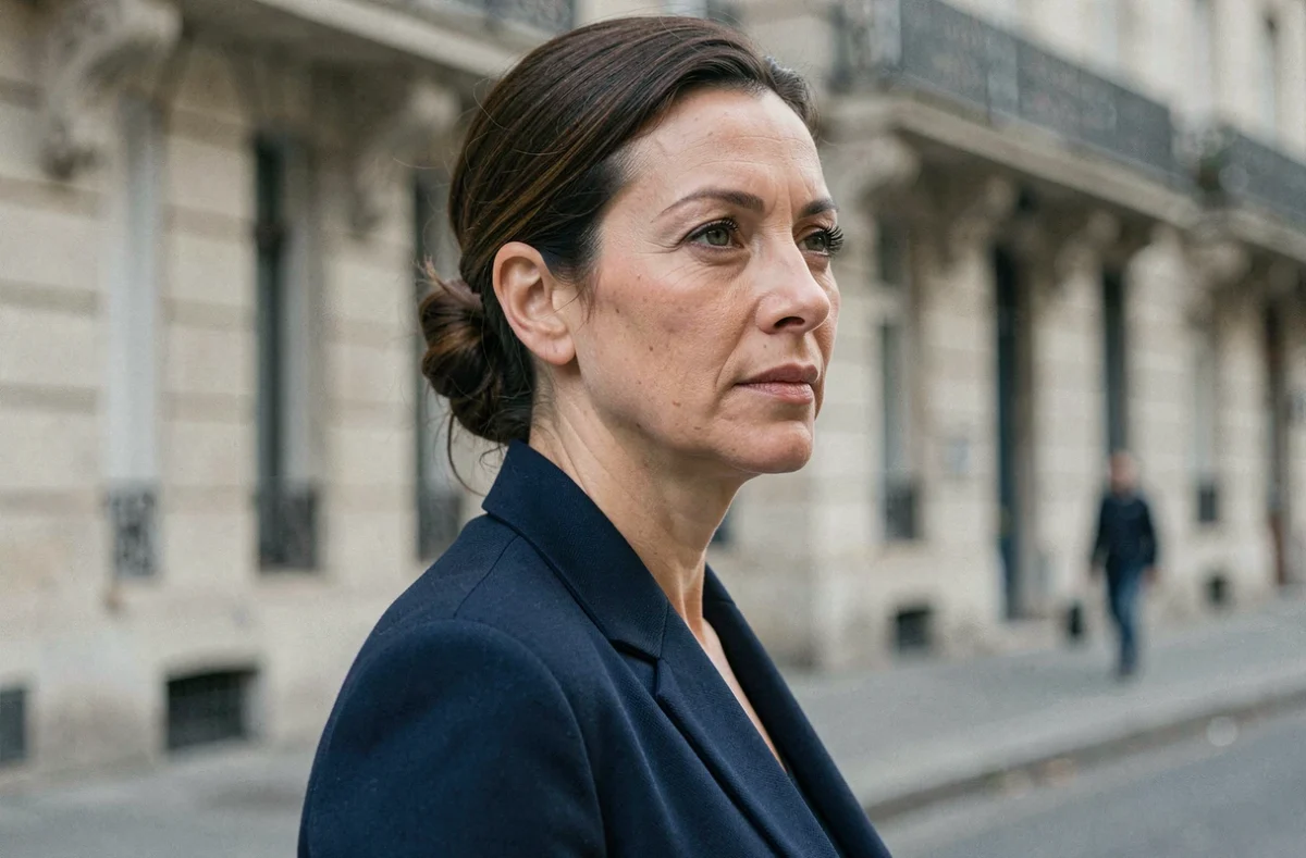 Femme sans frange avec chignon élégant dans une rue parisienne mettant en valeur l'équilibre des traits du visage