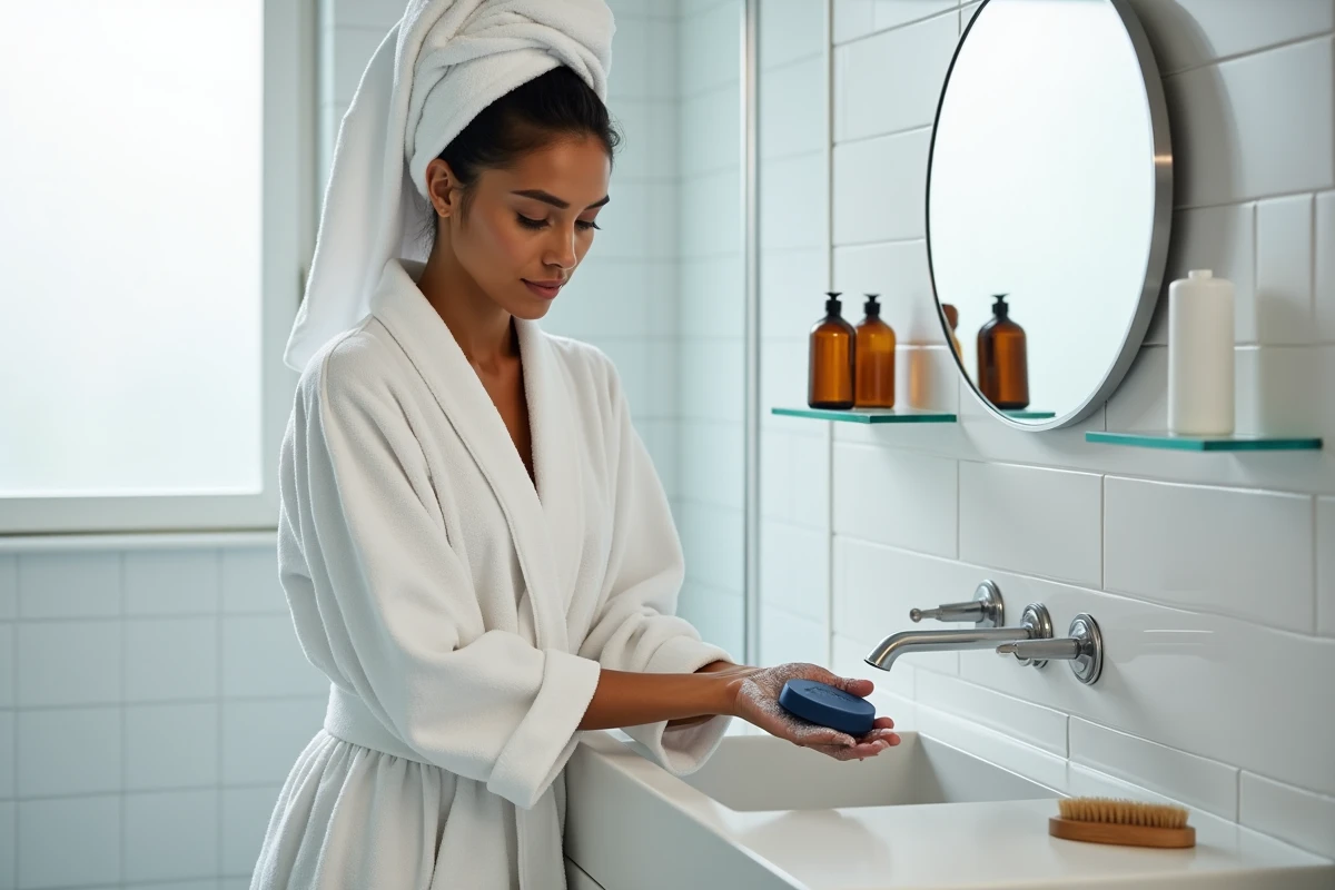 Femme appliquant le savon Nila bleu sur son avant-bras dans une salle de bain moderne