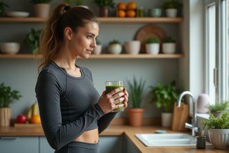 Femme sportive en cuisine prête à boire un smoothie vert