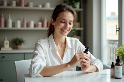 Femme souriante examinant un serum cosmétique dans un intérieur parisien