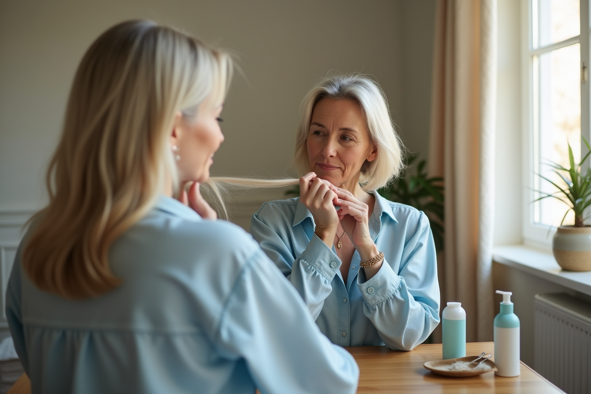 Femme examinant ses cheveux dans un miroir lumineux