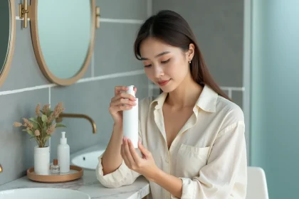 Jeune femme examinant un produit de soin minimaliste Typology sur une coiffeuse en marbre dans une salle de bain moderne