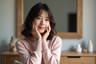 Femme contemplative avec turtleneck pastel et miroir