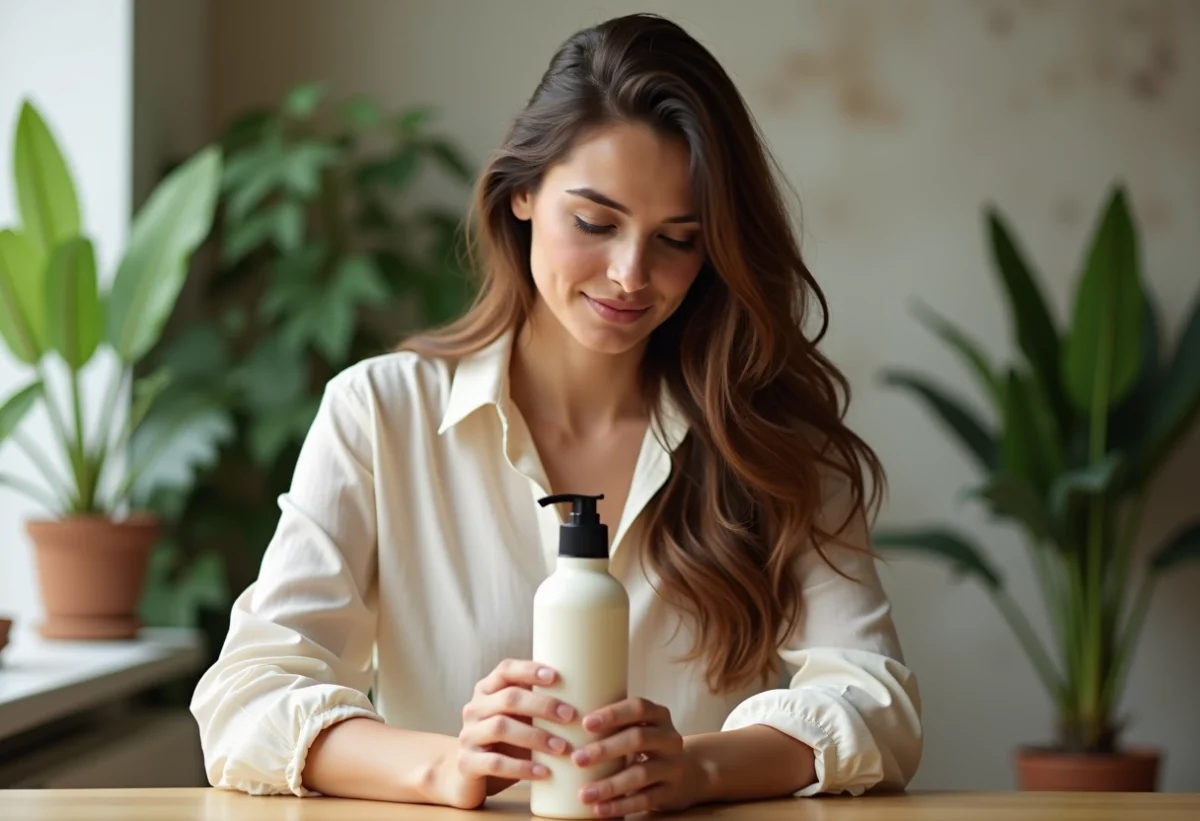Femme aux cheveux brillants examine un produit capillaire dans une cuisine parisienne