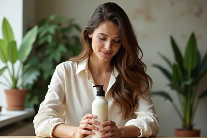 Femme aux cheveux brillants examine un produit capillaire dans une cuisine parisienne