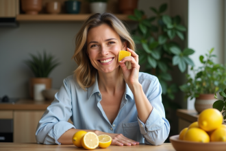 Femme souriante avec citron sur le visage naturel