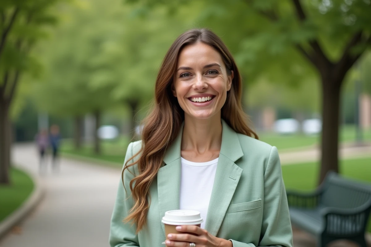 Femme avec un sourire aux dents blanches dans un parc urbain tenant un café, portant un blazer vert sauge en lin
