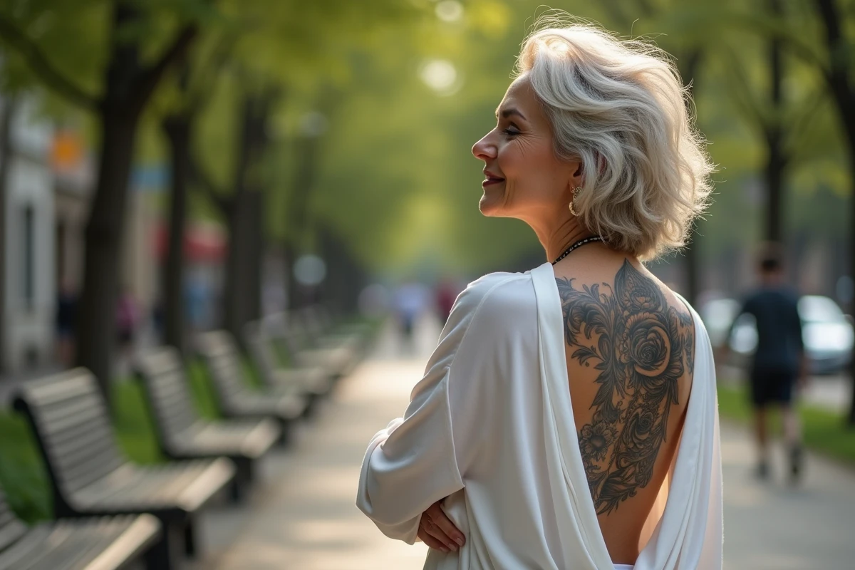 Femme avec tatouage dos dans un parc urbain