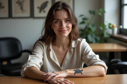 Jeune femme regardant son tatouage de tortue au studio