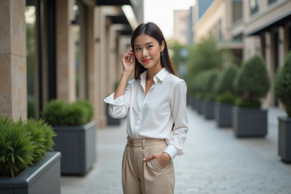 Femme en blouse blanche et pantalon beige dans la ville