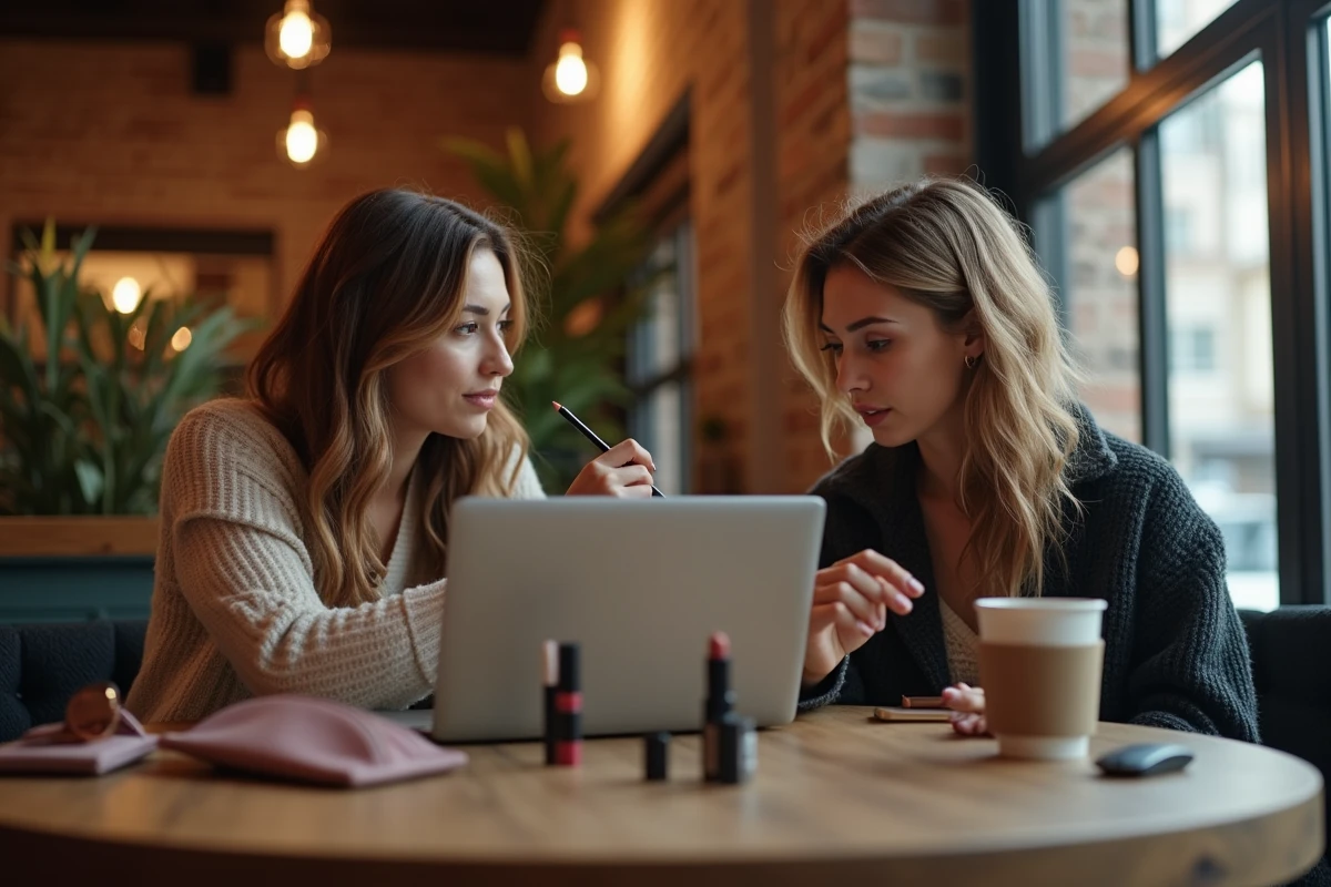 Deux femmes dans un café discutant d'erreurs de maquillage devant un ordinateur portable, entourées de produits cosmétiques et d'accessoires numériques sur une table en bois