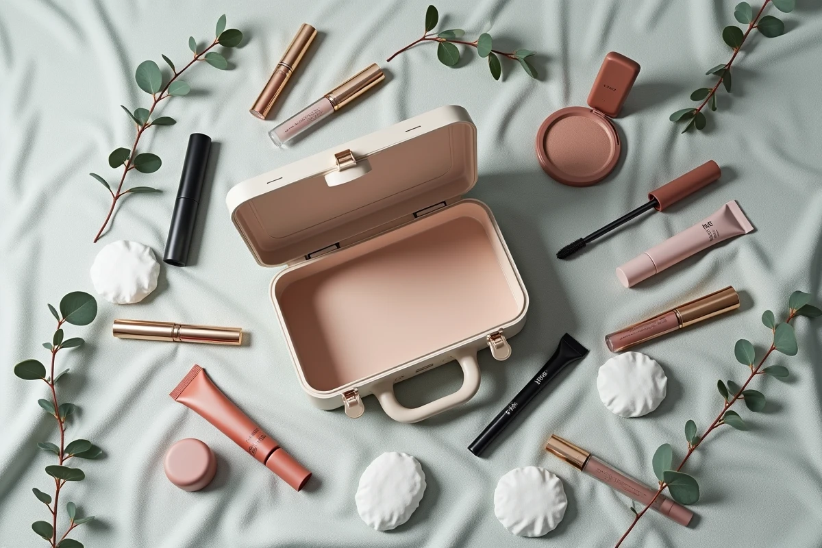 Vue de dessus d'une case vanity rigide ouverte entourée de produits cosmétiques disposés en flat lay sur un tissu lin gris clair
