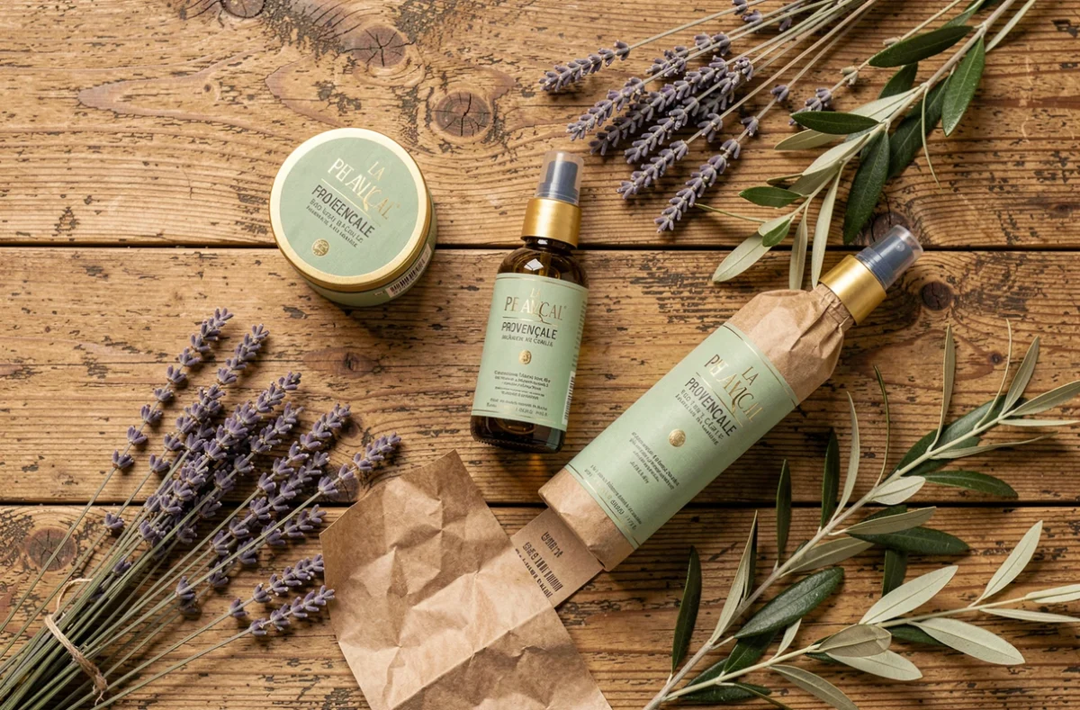 Produits La Provençale bio disposés en flat lay sur bois avec lavande et reçu de caisse