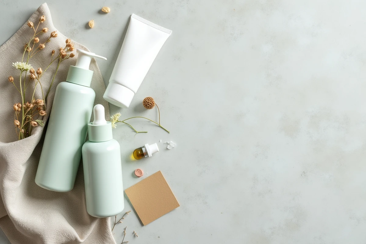 Flat lay de produits de soin minimalistes Typology sur surface en béton avec botaniques séchés et tissu en lin