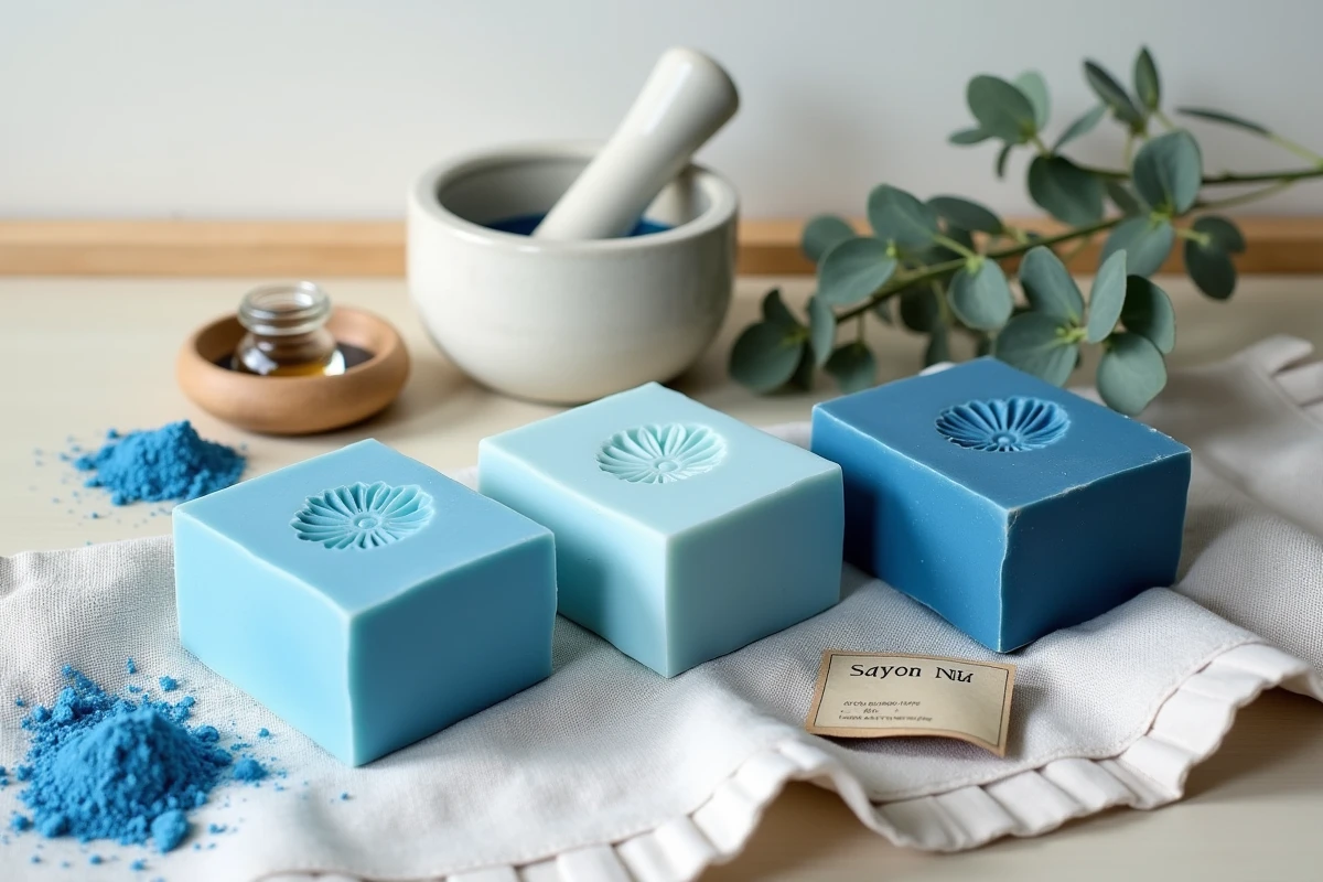 Flat lay de savons Nila bleus avec poudre d'indigo, huile d'argan et eucalyptus sur lin brut