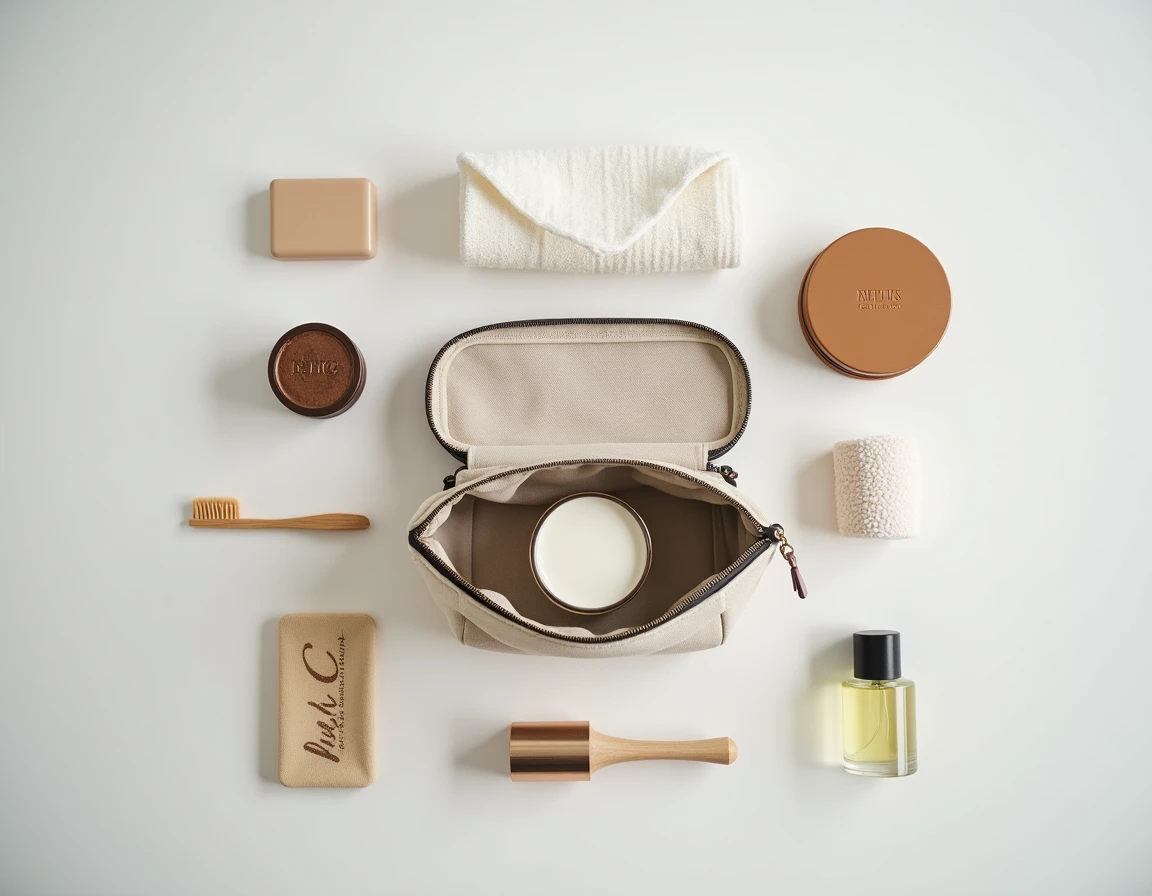 Flat lay d'une trousse de voyage minimaliste avec un gel en poudre pour cheveux et des accessoires beauté compacts