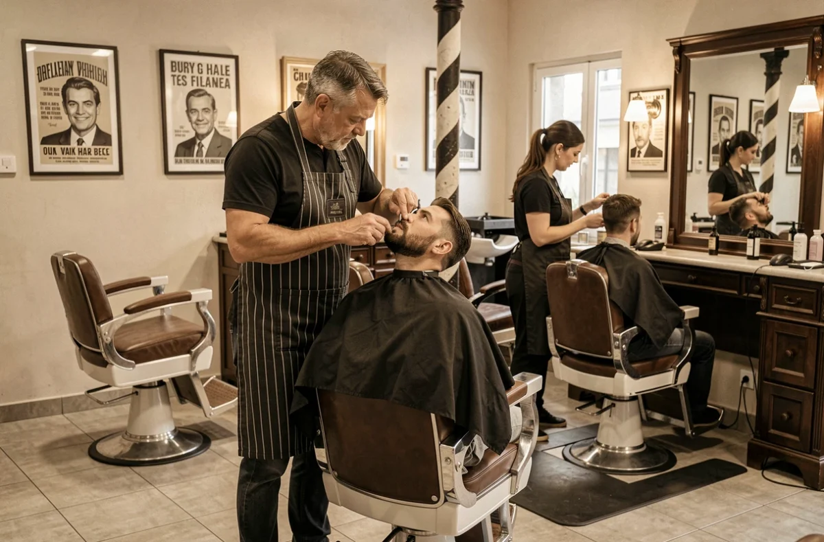 Barbier du salon Fouquet's Coiffure à Bléré réalisant une taille de barbe précise dans un espace mêlant salon de coiffure et barbier vintage