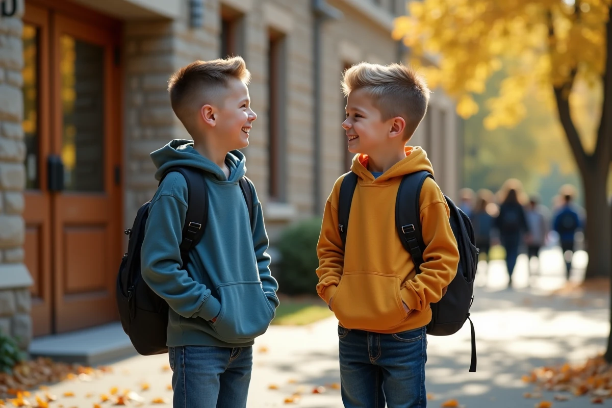 Deux garçons avec des coupes de cheveux soignées devant l'entrée d'une école à la rentrée, portant des sacs à dos et discutant en riant