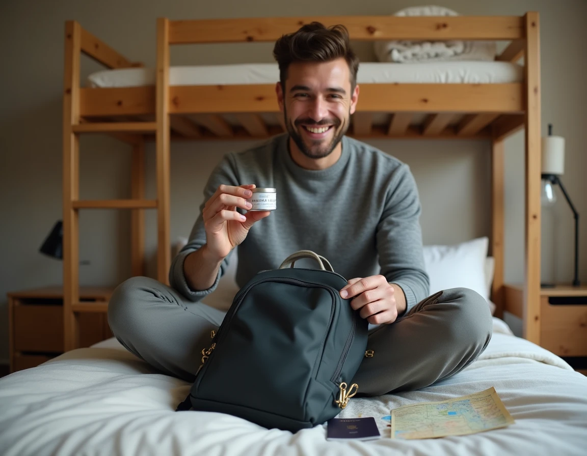 Homme rangeant un gel en poudre pour cheveux dans un sac à dos de voyage posé sur un lit d'auberge de jeunesse