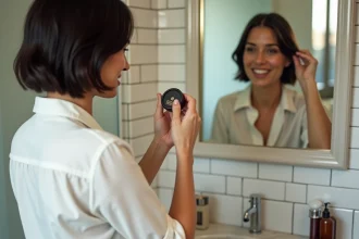 Femme appliquant du gel en poudre pour cheveux dans une salle de bain d'hôtel avec une trousse de voyage compacte