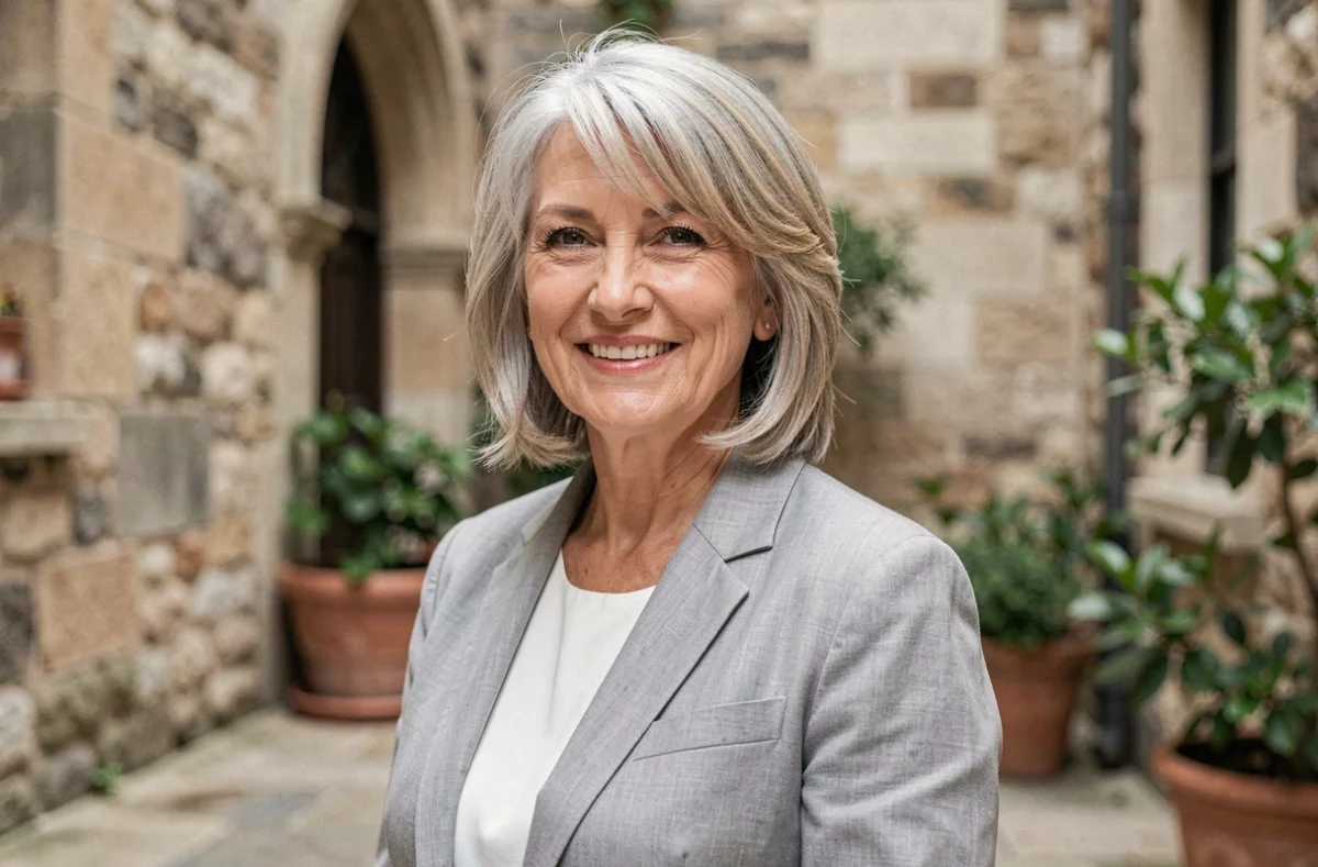 Femme aux cheveux courts gris argenté avec mèches champagne en grey blending en extérieur