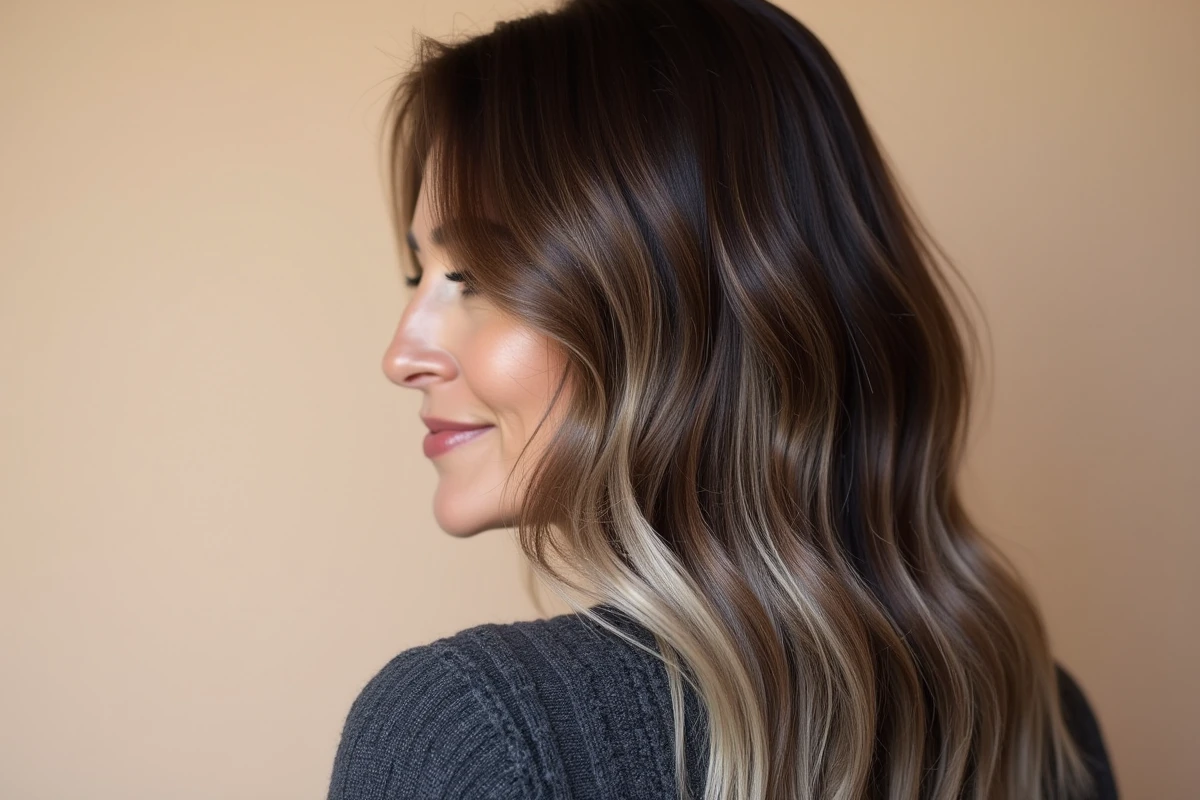 Gros plan studio sur un balayage brun cendré et noisette intégrant les cheveux blancs sur une chevelure foncée, rendu détaillé des mèches et de la technique