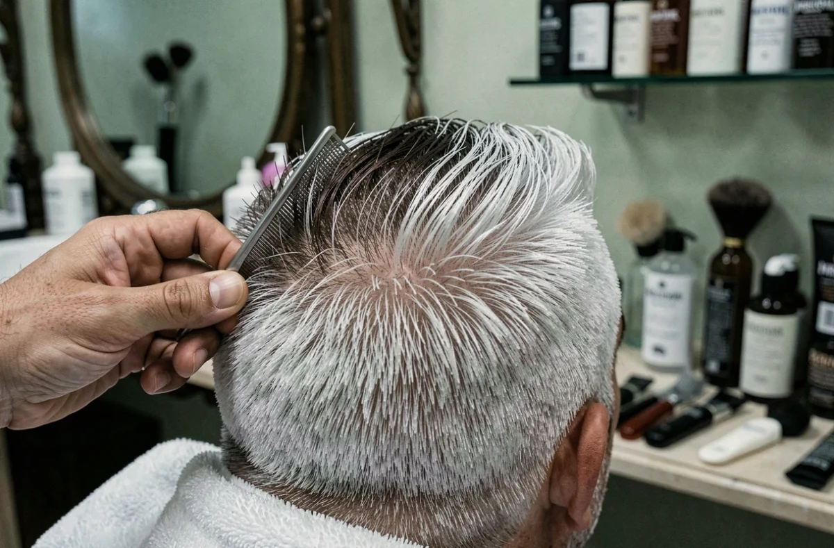Gros plan sur les cheveux blancs d'un homme après application d'une teinture temporaire chez le barbier